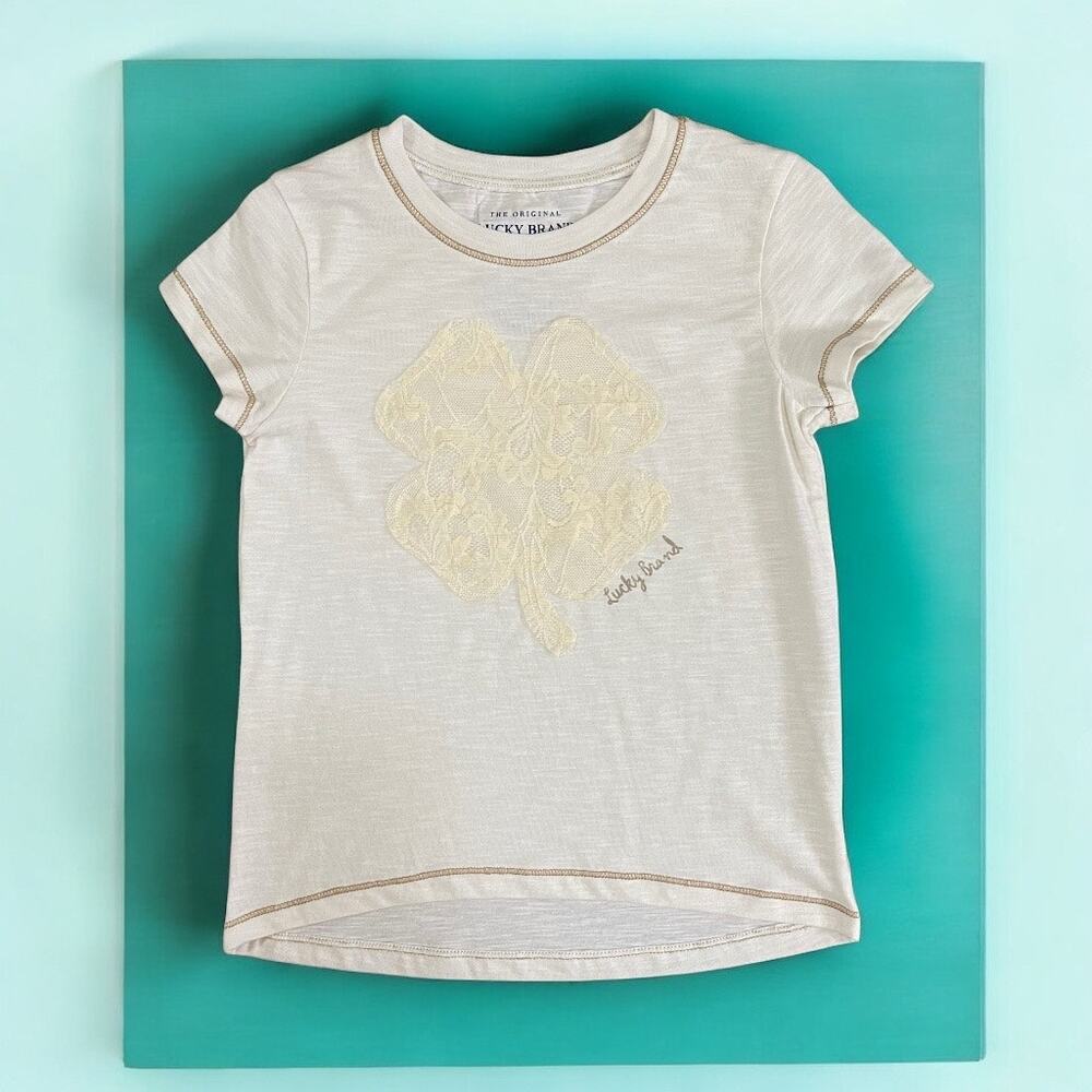 Lucky Brand Beige Short Sleeve T-Shirt with Lace Clover Detail Girl’s Size 6X